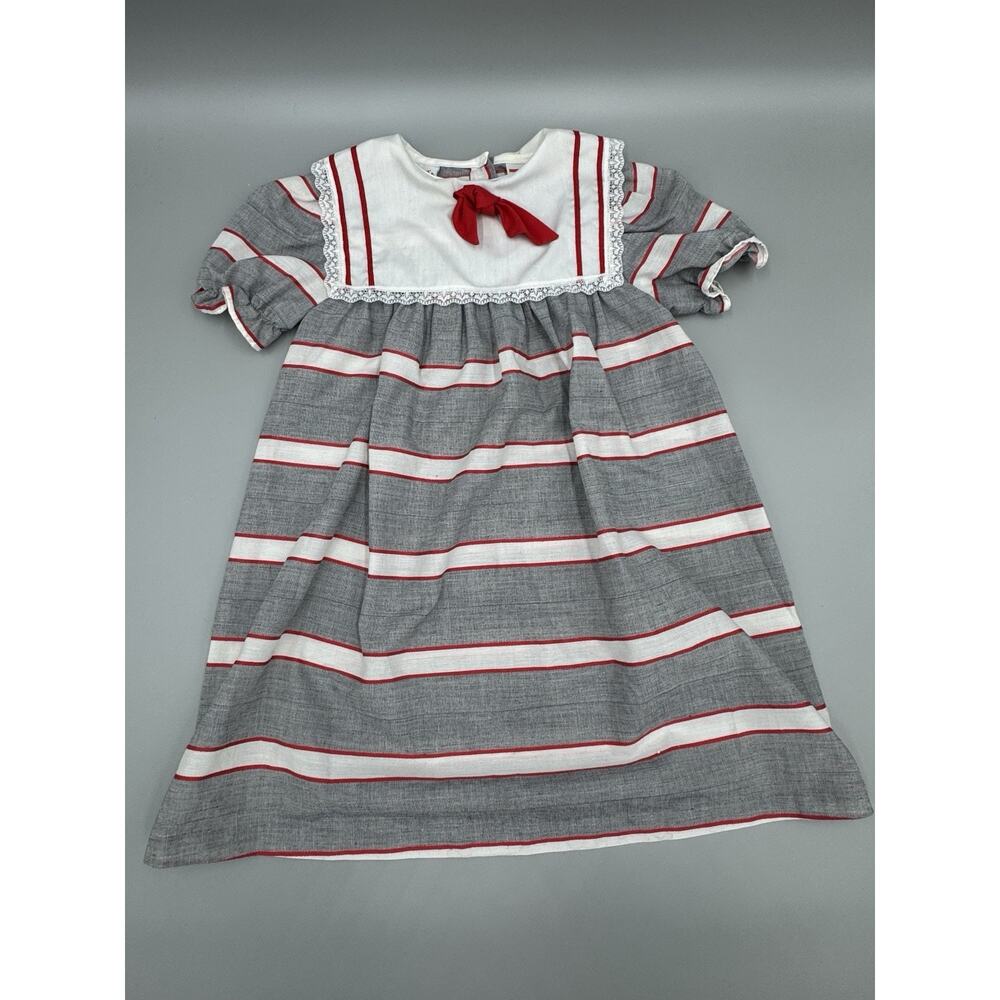 JC Penney Girls Float Dress Gray White Stripes Red Trim‎ & Bow Size 6x